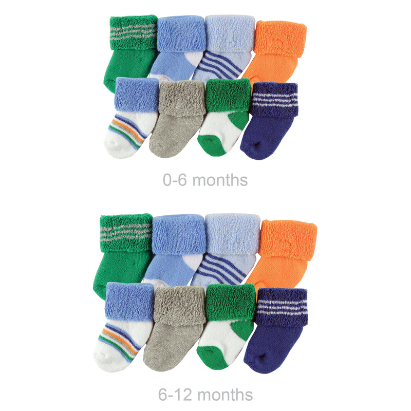 Luvable Friends Grow with Me Cotton Terry Socks, Blue Green 16-Pack