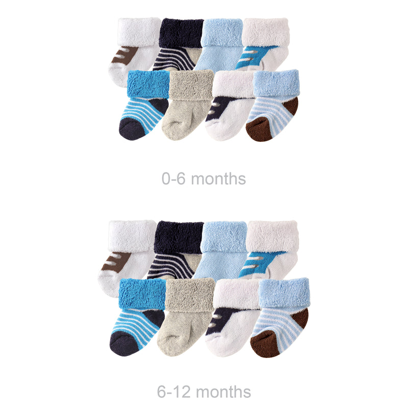 Luvable Friends Grow with Me Cotton Terry Socks, Blue Brown 16-Pack