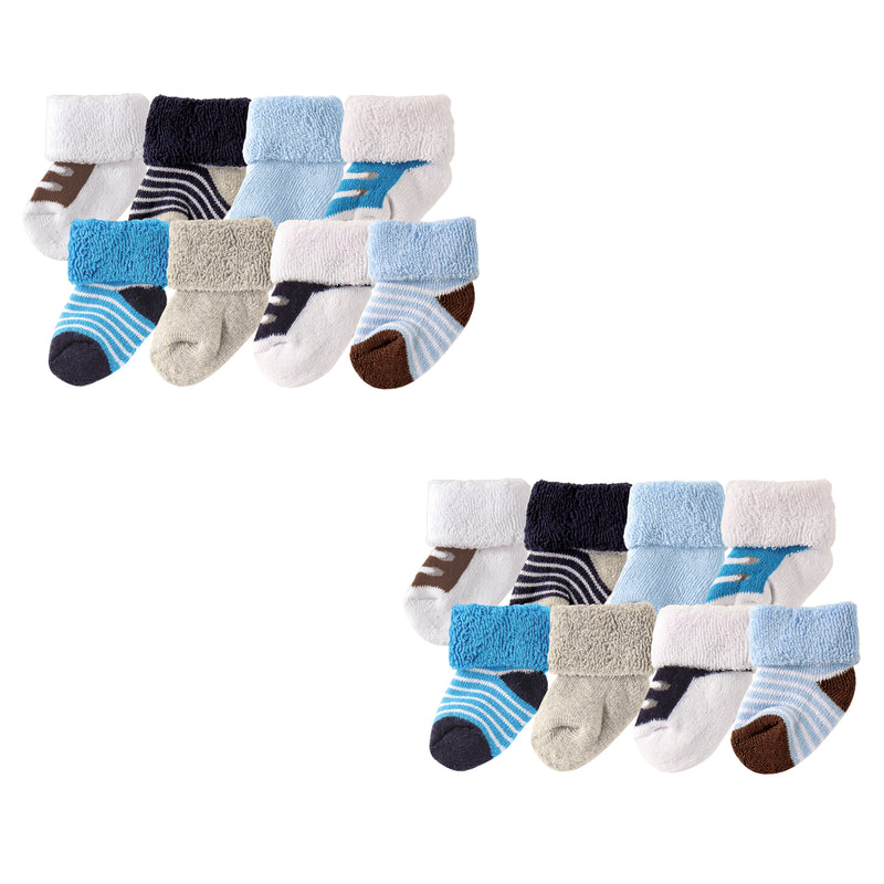 Luvable Friends Newborn and Baby Terry Socks, Blue Brown 16-Piece