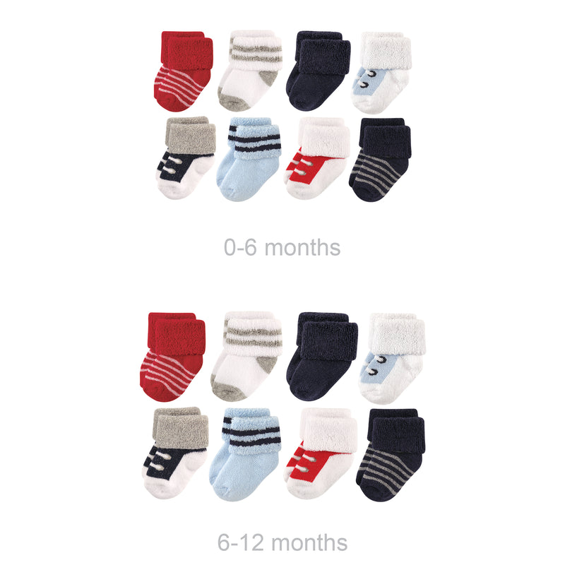 Luvable Friends Grow with Me Cotton Terry Socks, Red Navy Sneakers 16-Pack
