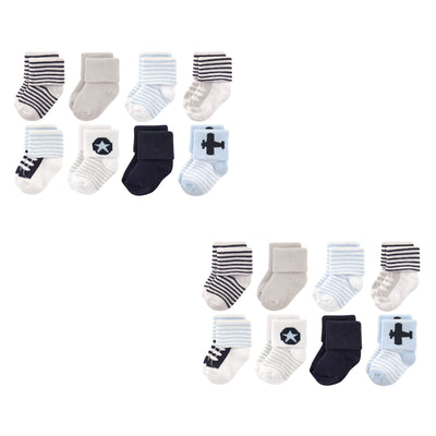 Luvable Friends Newborn and Baby Terry Socks, Airplane 16-Piece