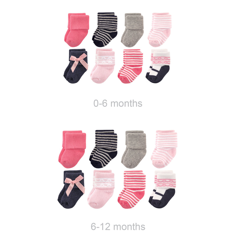 Luvable Friends Grow with Me Cotton Terry Socks, Pink Scroll 16-Pack