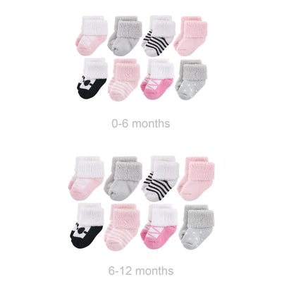 Luvable Friends Grow with Me Cotton Terry Socks, Pink Black Ballet 16-Pack