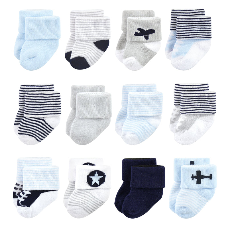 Luvable Friends Newborn and Baby Terry Socks, Airplane 12-Pack