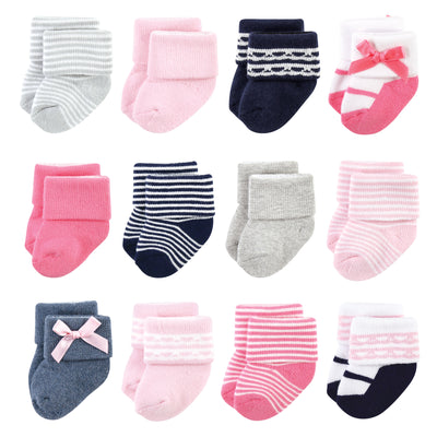 Luvable Friends Newborn and Baby Terry Socks, Pink Scroll 12-Pack
