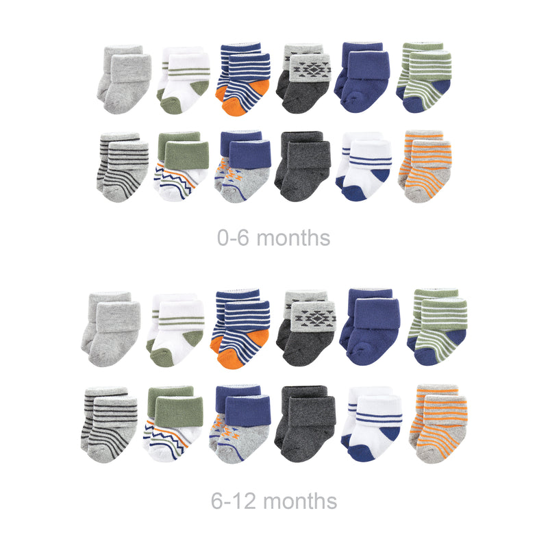 Luvable Friends Grow with Me Cotton Terry Socks, Orange Blue Aztec