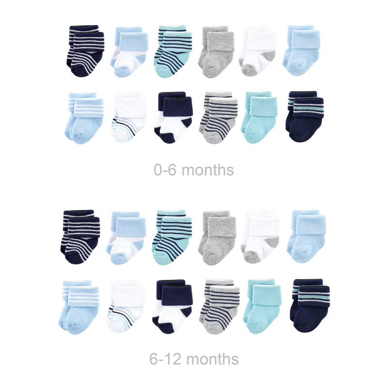 Luvable Friends Grow with Me Cotton Terry Socks, Mint Navy Stripes 24-Pack