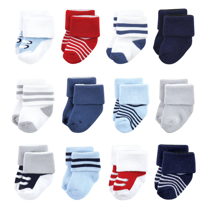 Luvable Friends Newborn and Baby Terry Socks, Red Navy Sneakers 12-Pack