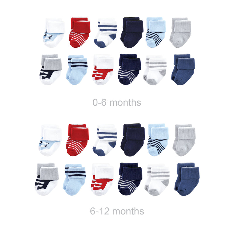 Luvable Friends Grow with Me Cotton Terry Socks, Red Navy Sneakers 24-Pack
