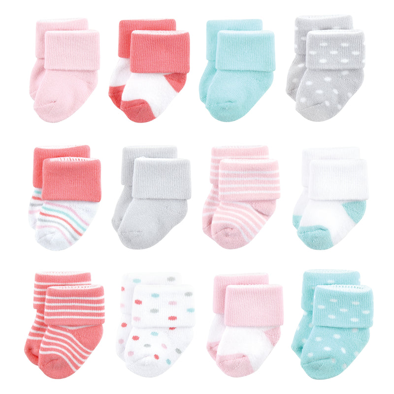 Luvable Friends Newborn and Baby Terry Socks, Coral Dots