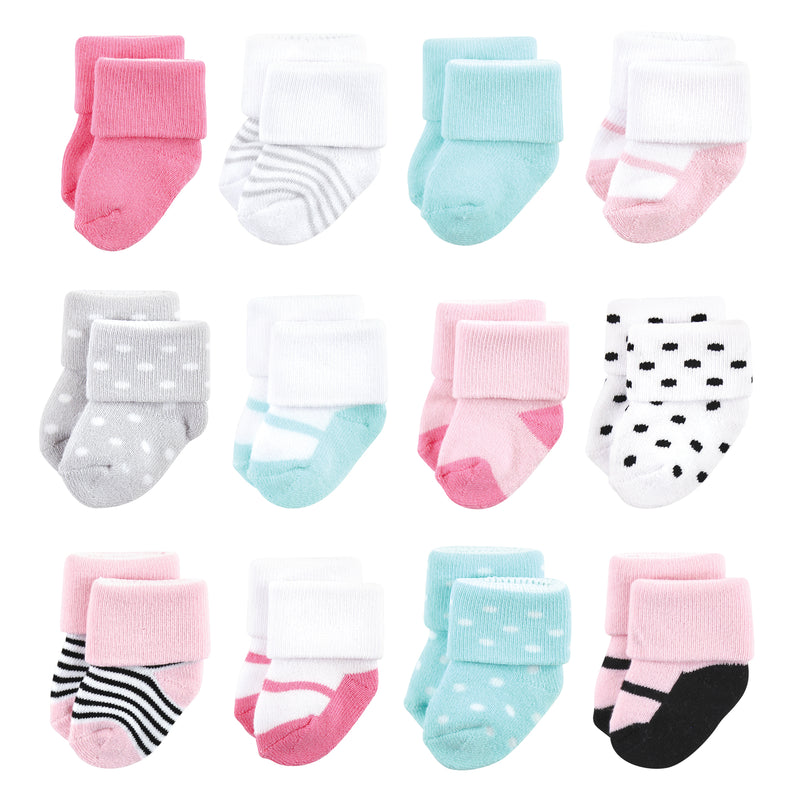 Luvable Friends Newborn and Baby Terry Socks, Mint Pink Mary Janes 12-Pack