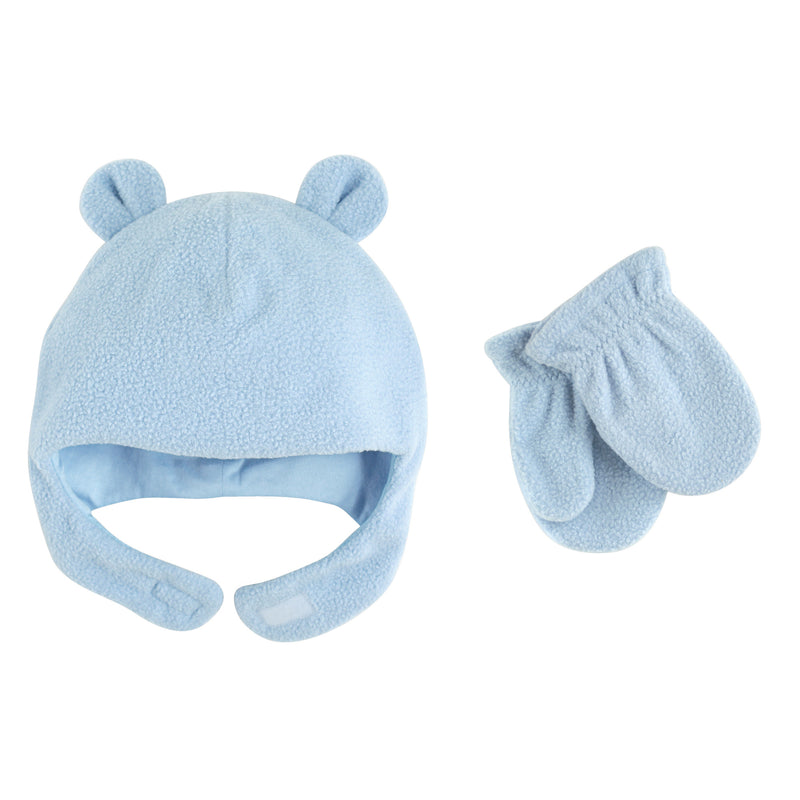 Luvable Friends Beary Cozy Hat and Mitten Set, Light Blue Baby