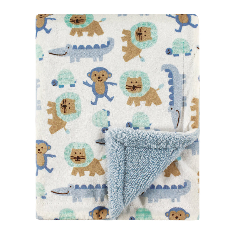 Luvable Friends Plush Blanket with Sherpa Back, Boy Jungle