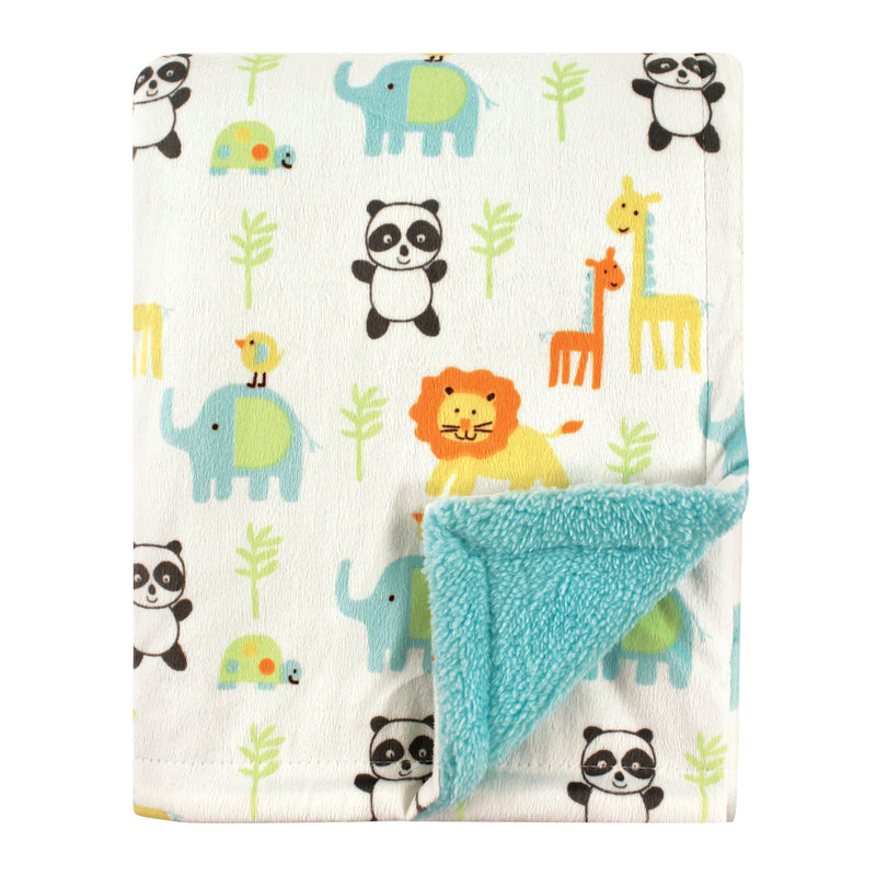Luvable Friends Plush Blanket with Sherpa Back, Neutral Animals