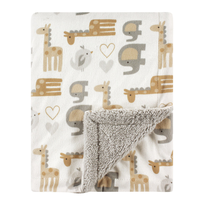Luvable Friends Plush Blanket with Sherpa Back, Neutral Safari
