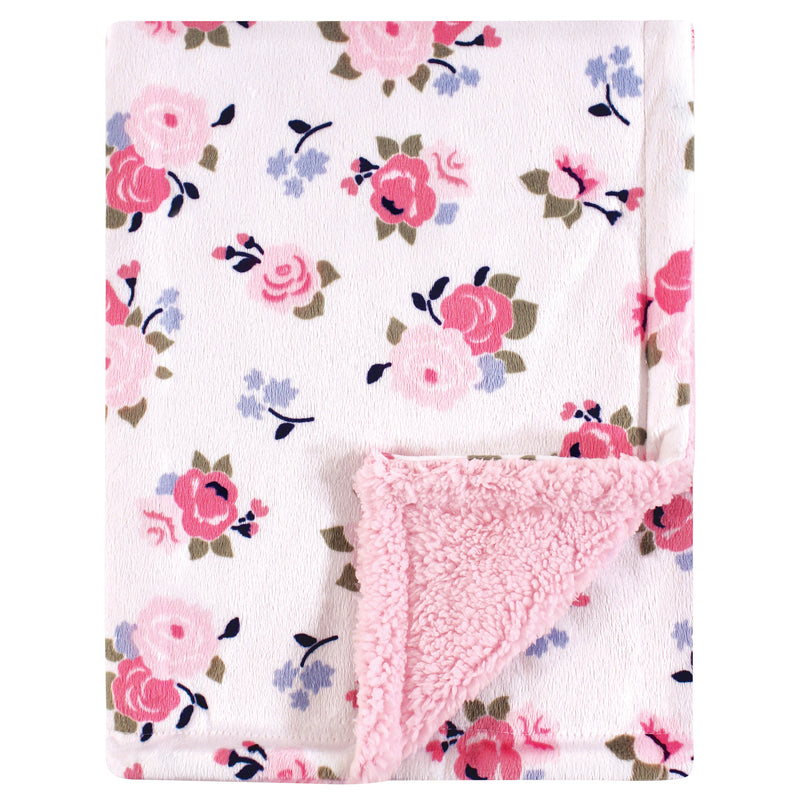 Luvable Friends Plush Blanket with Sherpa Back, Pink Floral