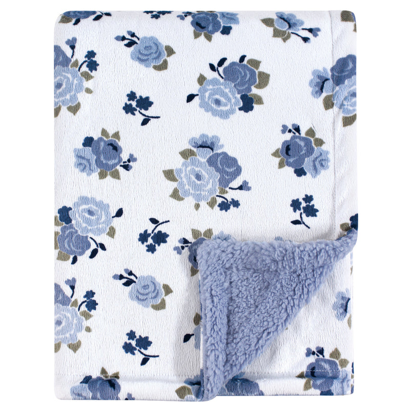 Luvable Friends Plush Blanket with Sherpa Back, Blue Floral