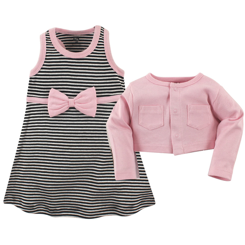 Hudson Baby Cotton Dress and Cardigan Set, Light Pink Black