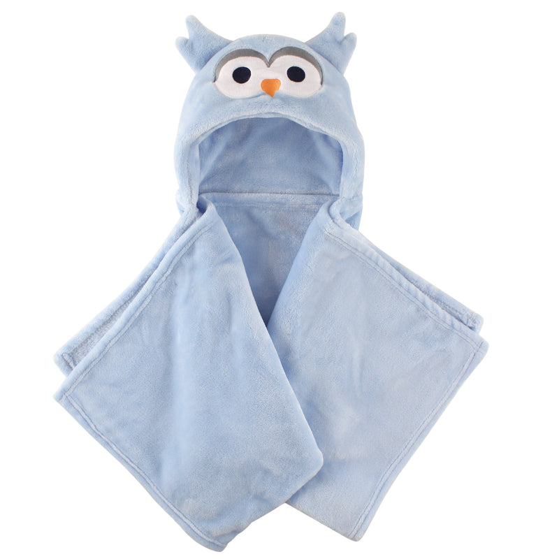 Hudson Baby Hooded Animal Face Plush Blanket, Blue Owl