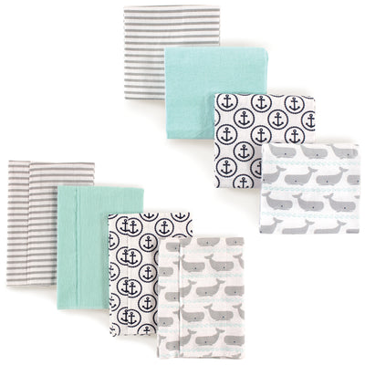 Hudson Baby Cotton Flannel Burp Cloths and Receiving Blankets, 8-Piece, Gray Whale