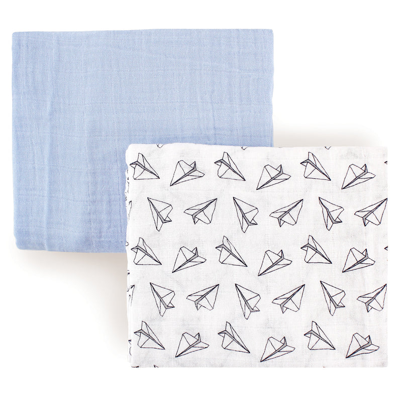Hudson Baby Cotton Muslin Swaddle Blankets, Blue Paper Airplane