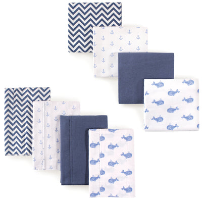 Hudson Baby Cotton Flannel Burp Cloths and Receiving Blankets, 8-Piece, Blue Whale