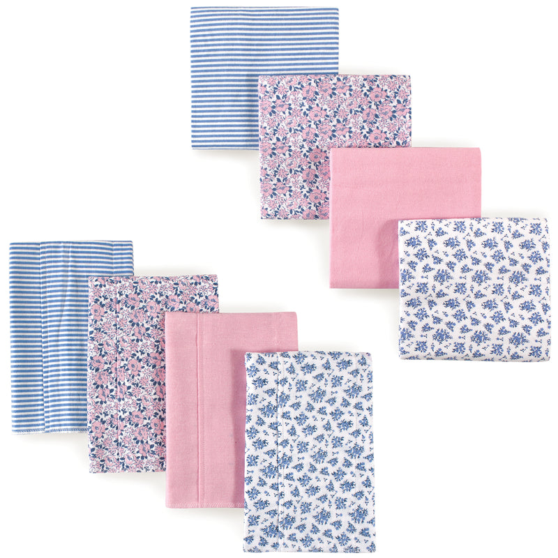 Hudson Baby Cotton Flannel Burp Cloths and Receiving Blankets, 8-Piece, Classic Floral