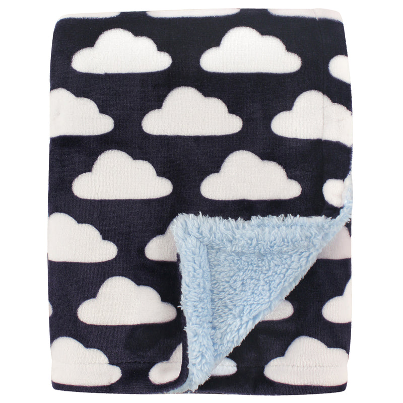 Hudson Baby Plush Blanket with Sherpa Back, Navy Clouds