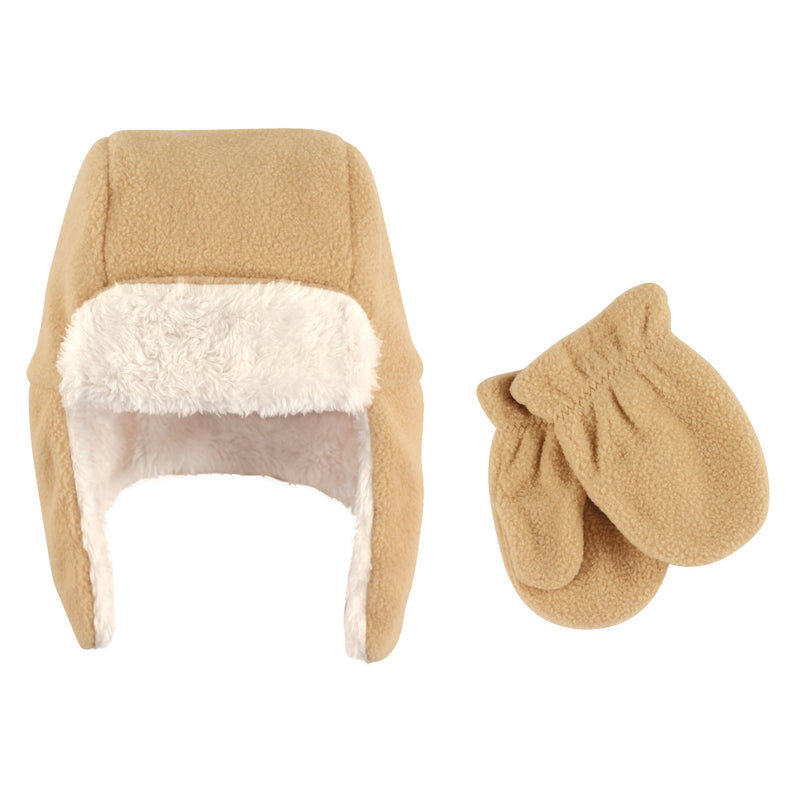 Hudson Baby Fleece Trapper Hat and Mitten Set, Tan Toddler