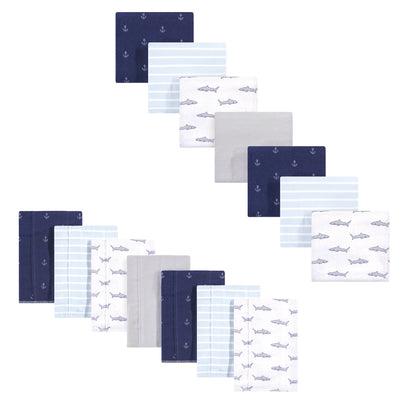Hudson Baby Cotton Flannel Burp Cloths and Receiving Blankets, 14-Piece, Shark