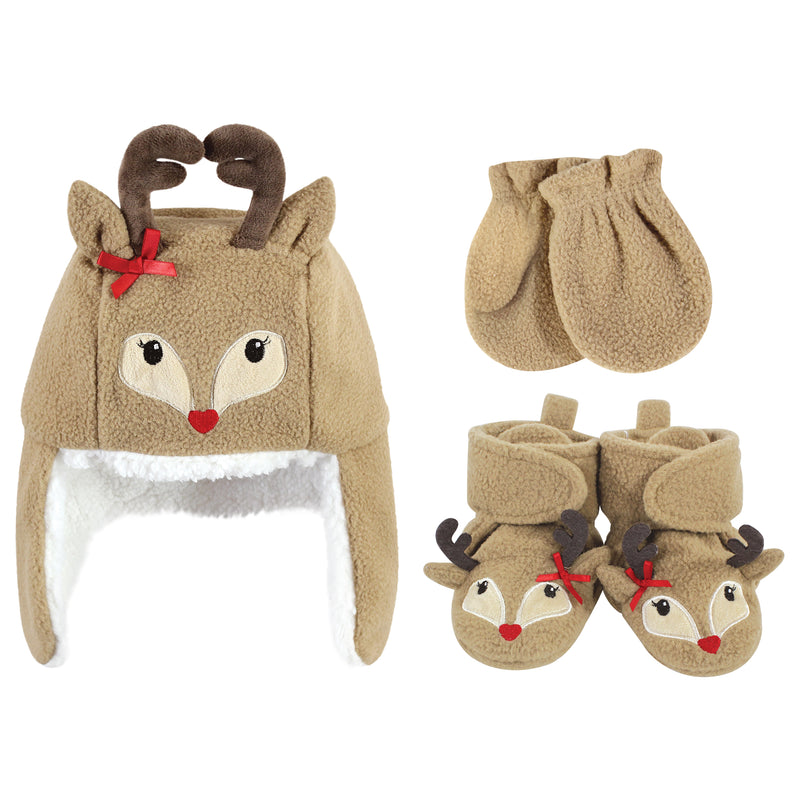 Hudson Baby Unisex Baby Trapper Hat, Mitten and Bootie Set, Girl Reindeer