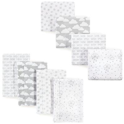 Hudson Baby Cotton Flannel Burp Cloths and Receiving Blankets, 8-Piece, Gray Clouds