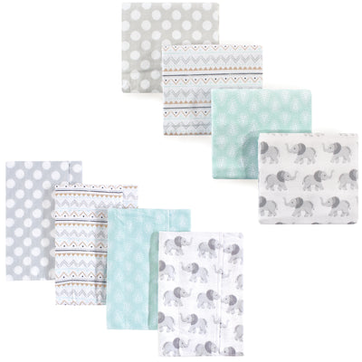 Hudson Baby Cotton Flannel Burp Cloths and Receiving Blankets, 8-Piece, Gray Elephant