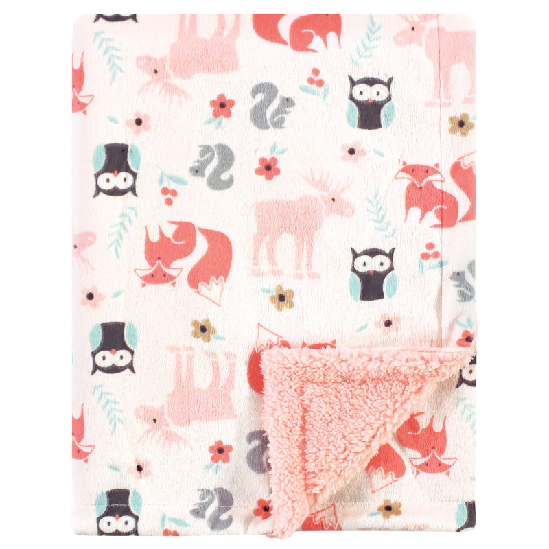 Hudson Baby Plush Blanket with Sherpa Back, Girl Pink Forest