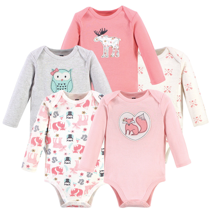 Hudson Baby Cotton Long-Sleeve Bodysuits, Pink Forest