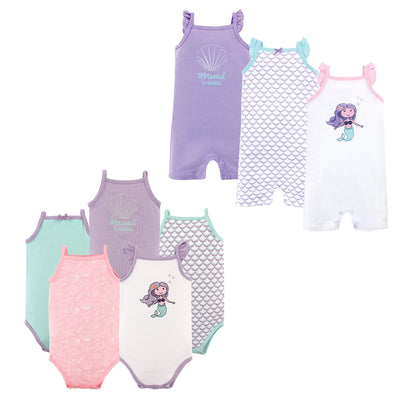 Hudson Baby Cotton Bodysuits and Rompers, 8-Piece, Mermaid