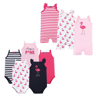 Hudson Baby Cotton Bodysuits and Rompers, 8-Piece, Bright Flamingo