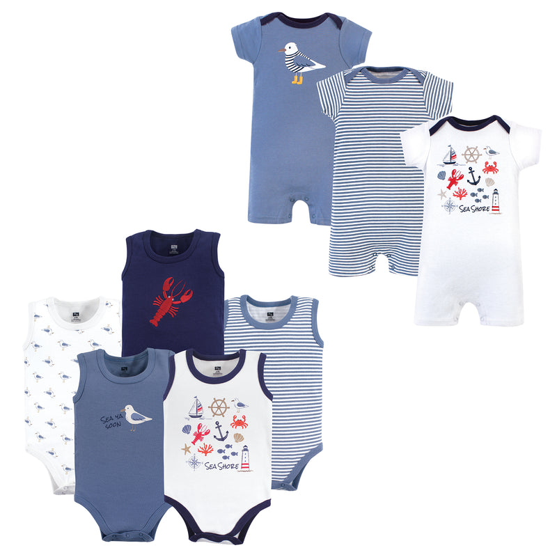 Hudson Baby Cotton Bodysuits and Rompers, 8-Piece, Sea Shore