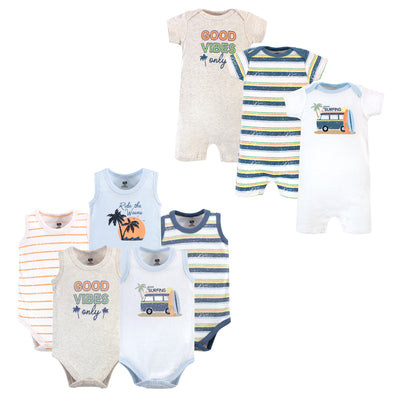 Hudson Baby Cotton Bodysuits and Rompers, 8-Piece, Gone Surfing
