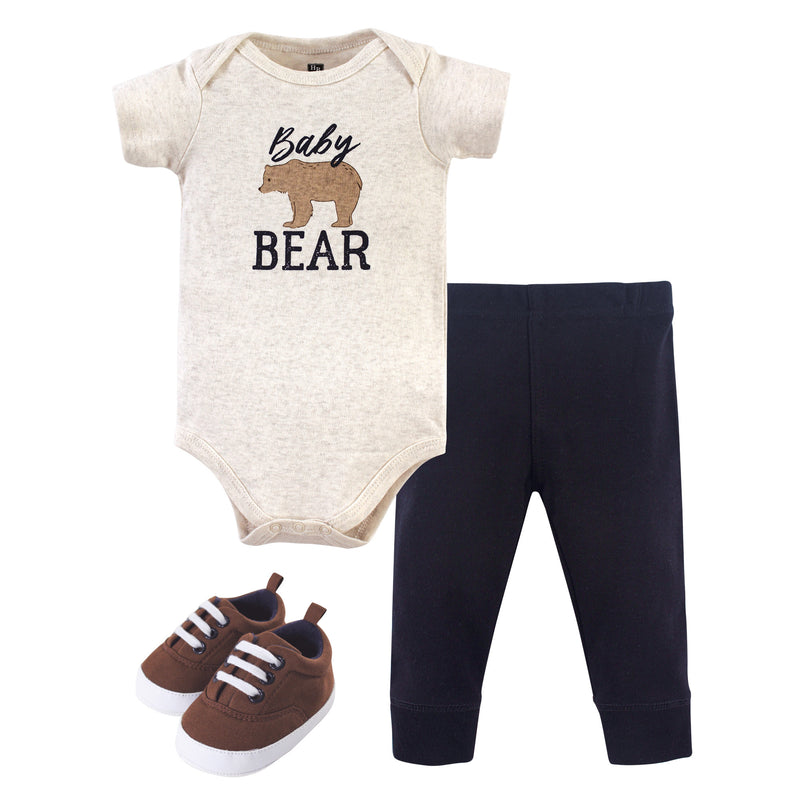 Hudson Baby Cotton Bodysuit, Pant and Shoe Set, Baby Bear