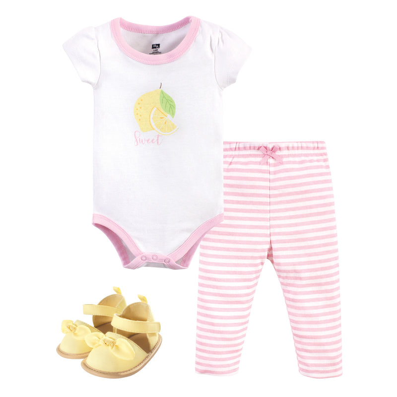 Hudson Baby Cotton Bodysuit, Pant and Shoe Set, Pink Lemon