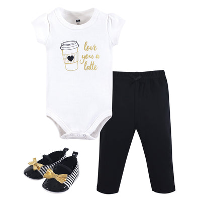 Hudson Baby Cotton Bodysuit, Pant and Shoe Set, Latte