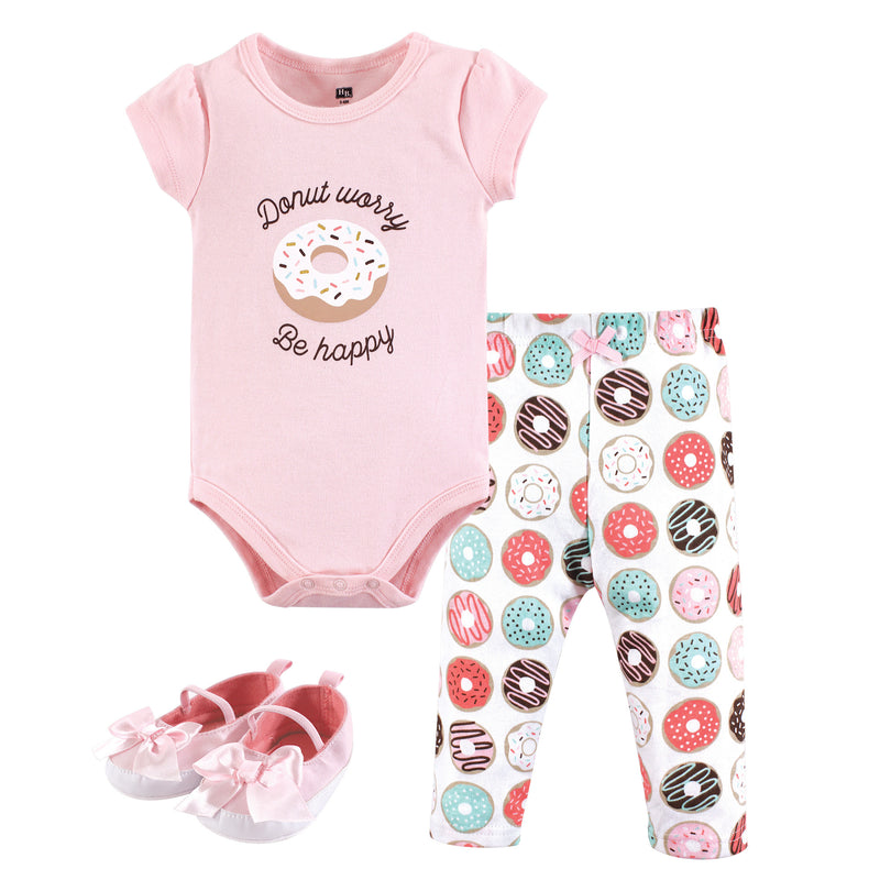 Hudson Baby Cotton Bodysuit, Pant and Shoe Set, Donut Worry