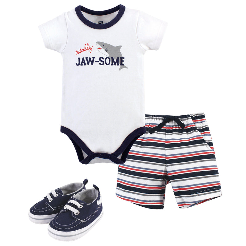 Hudson Baby Cotton Bodysuit, Shorts and Shoe Set, Jawsome