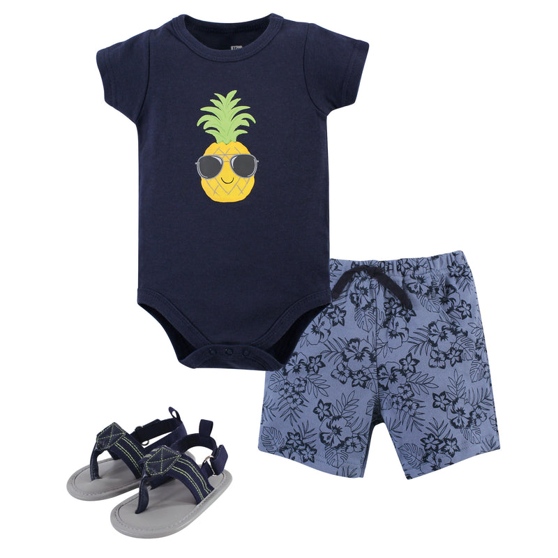 Hudson Baby Cotton Bodysuit, Shorts and Shoe Set, Pineapple