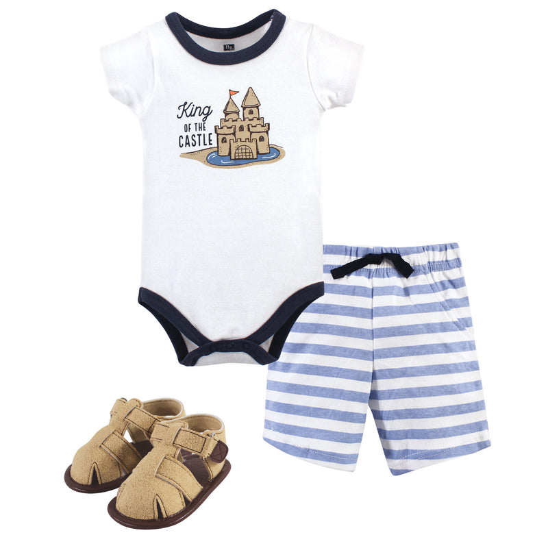 Hudson Baby Cotton Bodysuit, Shorts and Shoe Set, Sandcastle