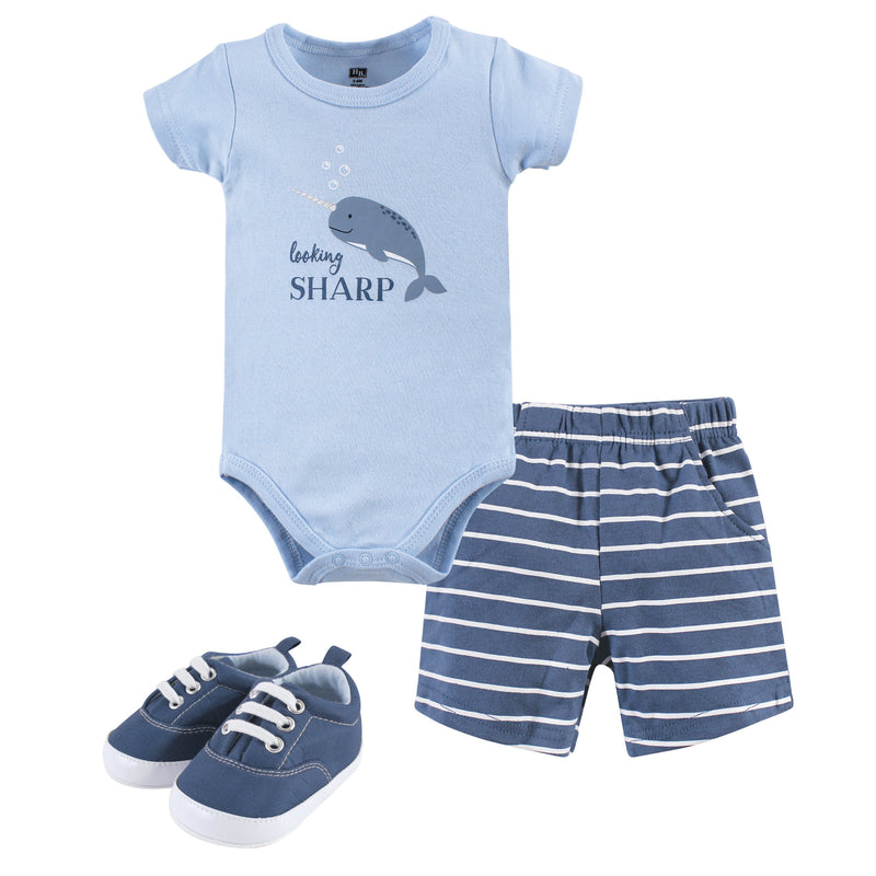 Hudson Baby Cotton Bodysuit, Shorts and Shoe Set, Narwhal