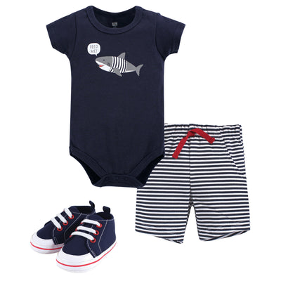 Hudson Baby Cotton Bodysuit, Shorts and Shoe Set, Blue Shark