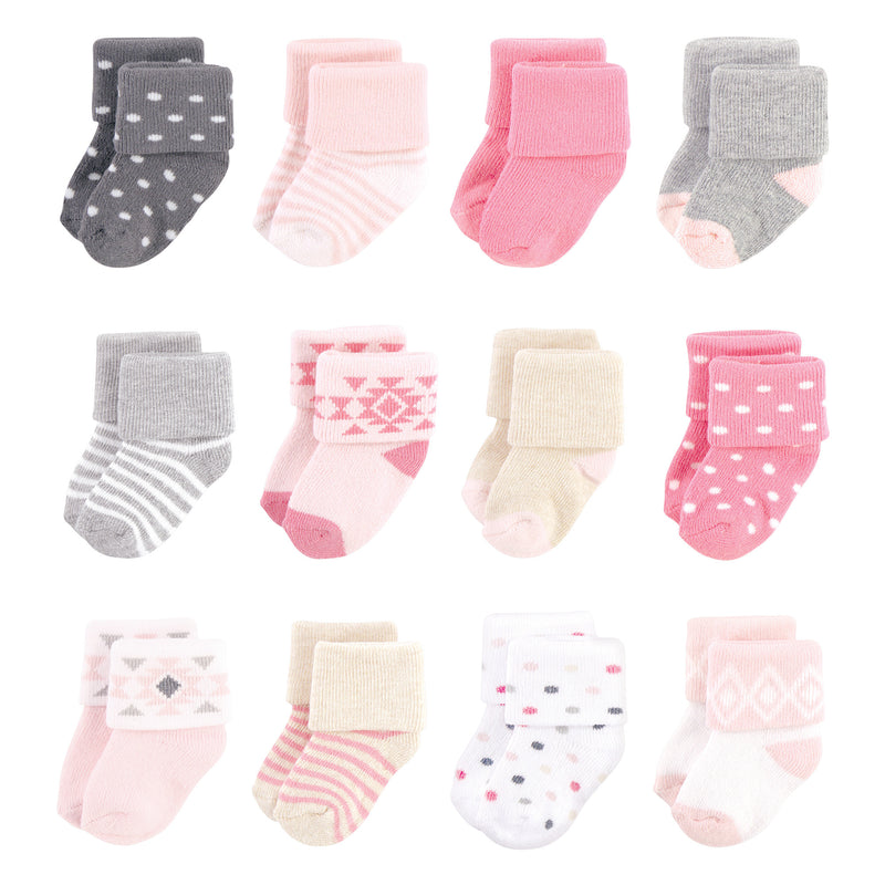 Hudson Baby Cotton Rich Newborn and Terry Socks, Pink Gray Aztec