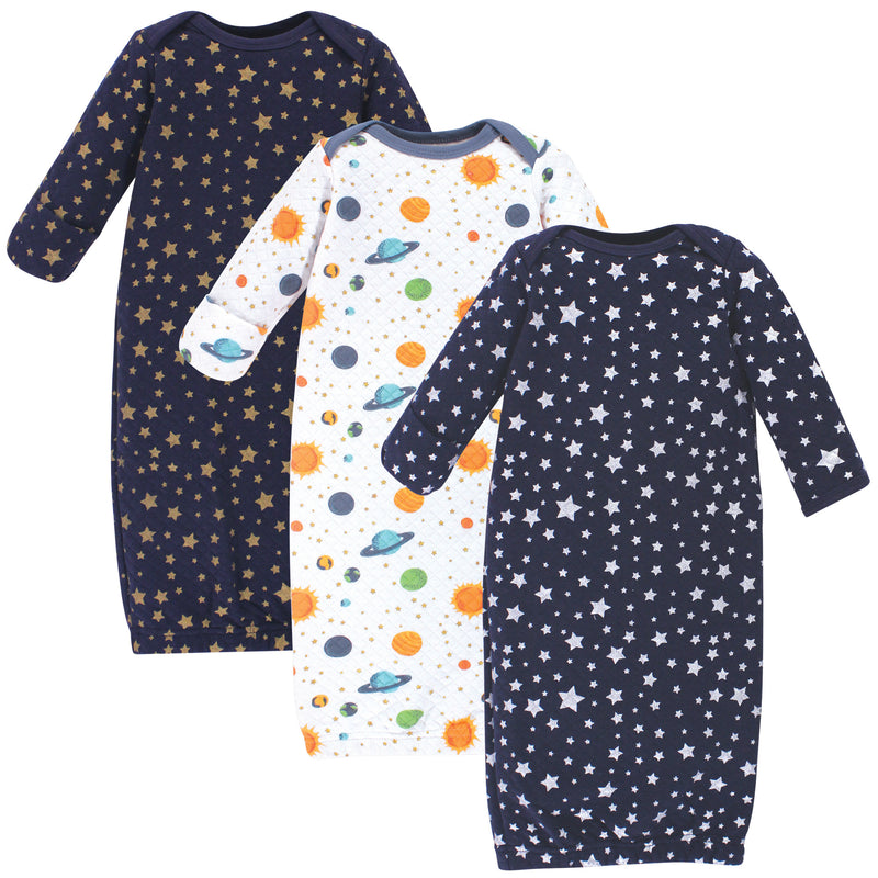 Hudson Baby Quilted Cotton Gowns 3pk, Metallic Stars